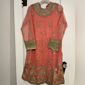 Pakistani designer party wear. 3 piece suit with trousers and two toned dupatta.